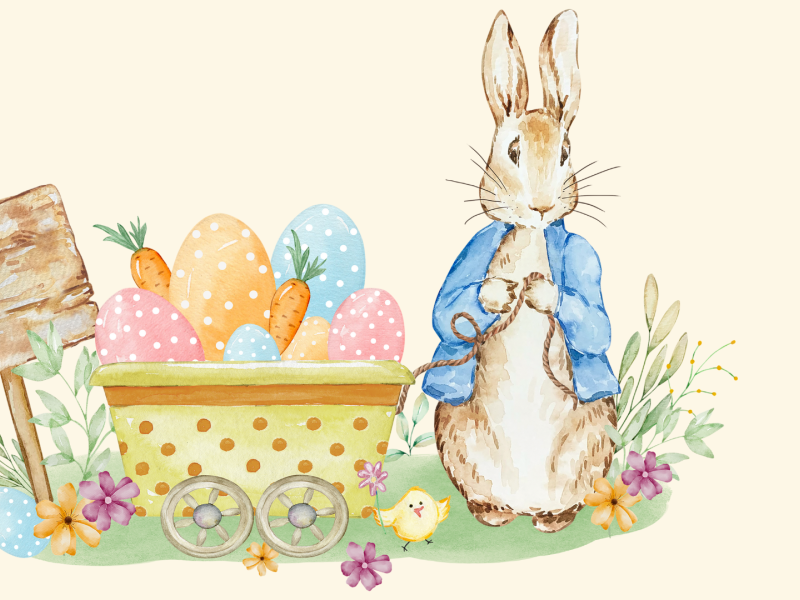 Peter Kanin og en vogn med påskeæg