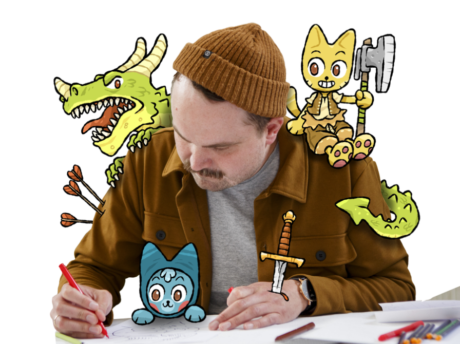 Illustrator Thomas Knappe tegner omgivet af fantasivæsner